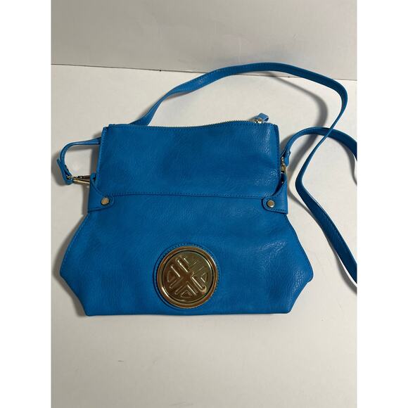 Blue zippered purse/shoulder bag 10x12 in gold medallion accent faux leather - Picture 1 of 3